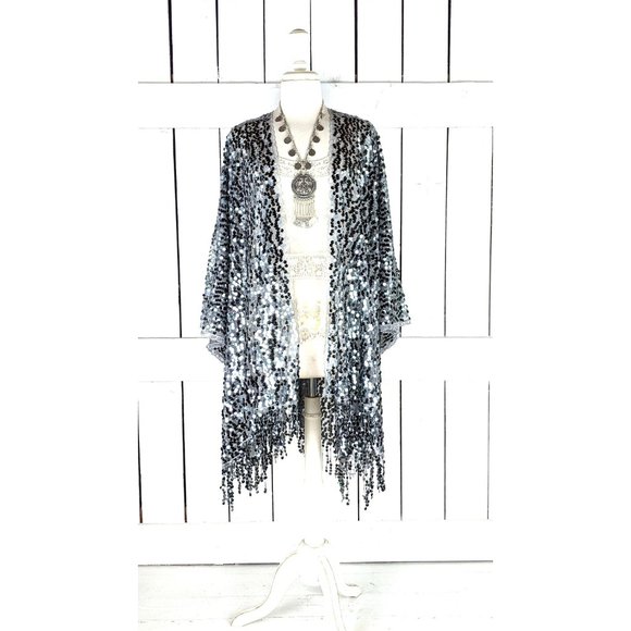 Gray silver round sequin kimono cover up cardigan fringe jacket - Picture 6 of 6
